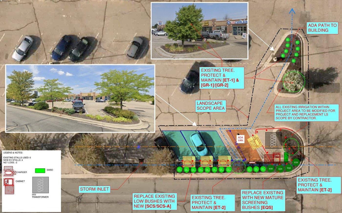 Crown Diligence CD15 conceptual site design showing charger placement, ADA accessibility, landscape scope, and site constraints