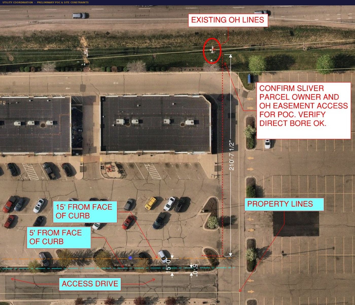 Crown Diligence utility coordination aerial with preliminary POC and site constraints